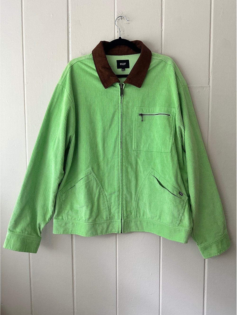 HUF Corduroy Trucker Jacket Lime Green Brown Collar Zip Up Streetwear Size XL